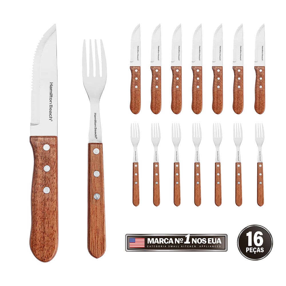 Jogo De Talheres Churrasco Faqueiro Inox 16 Peças Hamilton Beach BBQ Cabo de Madeira