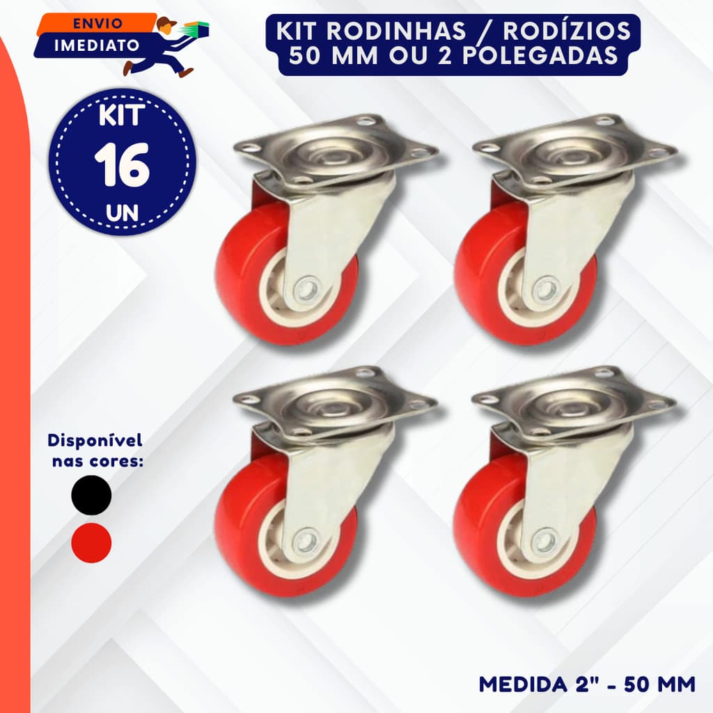 Kit 16 Rodinhas Giratoria 50 mm Preta Vermelha Rodizio Para Moveis e Vasos Estantes Multilso