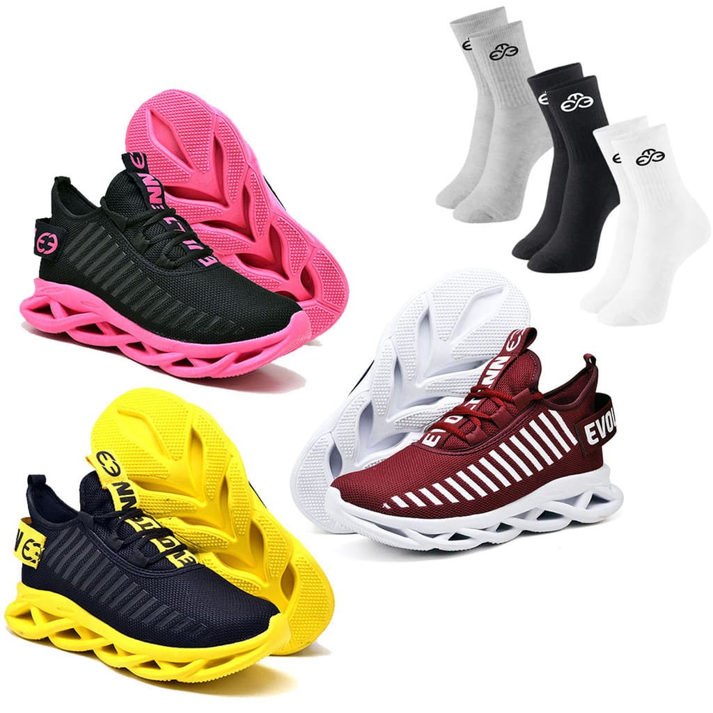 Tênis Feminino Academia Ajuste Cadarço Leve Respirável e Macio- Kit 3 Pares + Meia