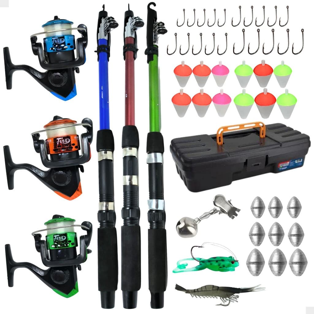 Kit Pesca 3 Vara + 3 Molinete Maleta Acessorios Promo Barato