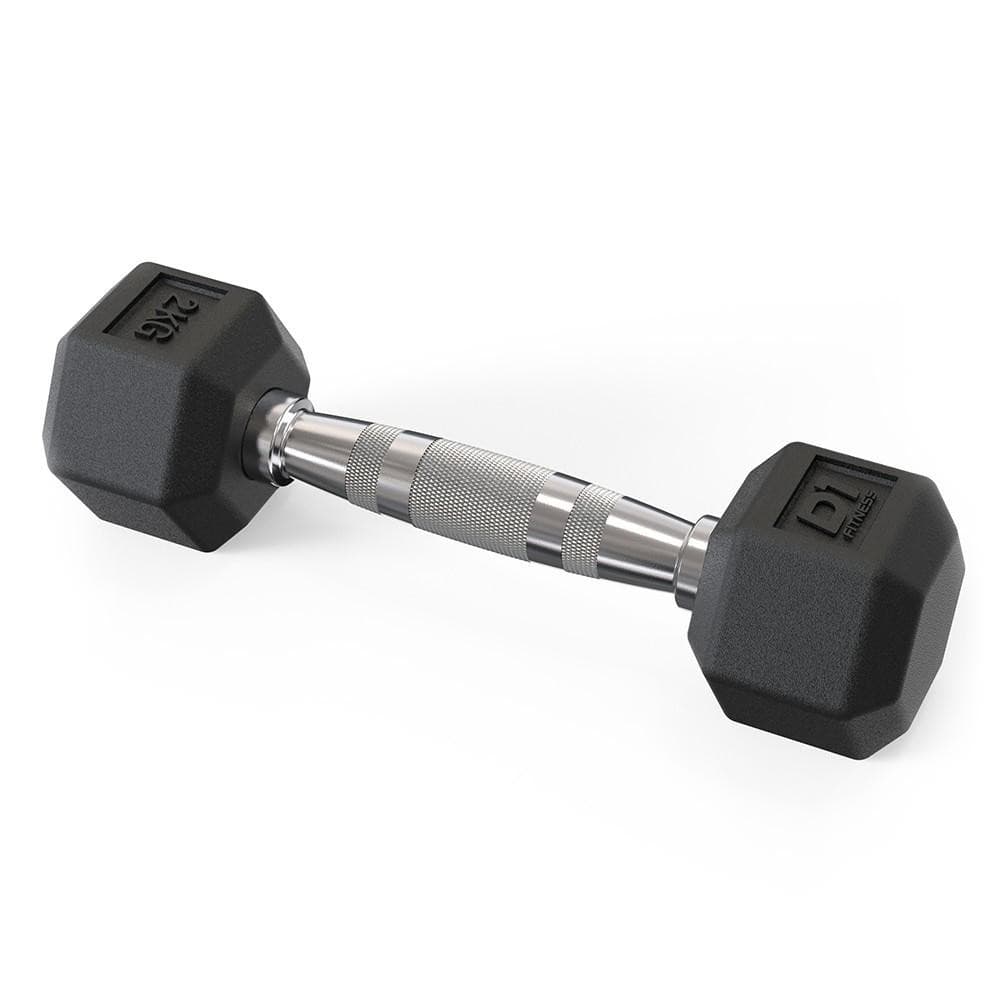 Dumbbell Sextavado 2kg D1FITNESS Emborrachado Preto e Prata
