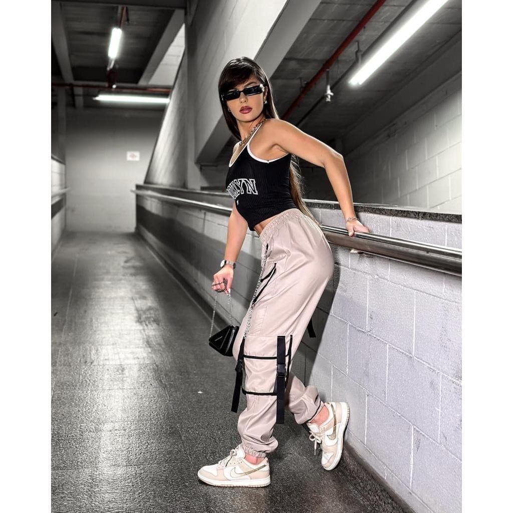 Calça Jogger Tactel Feminina Estilo Gringa Com 3 Bolsos