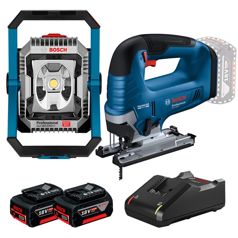 Kit Refletor LED 2.200 Lúmens GLI 18V-2200 C + Serra Tico-Tico GST 185-LI + 2 Bateria 4Ah + Carregador Rápido Bosch