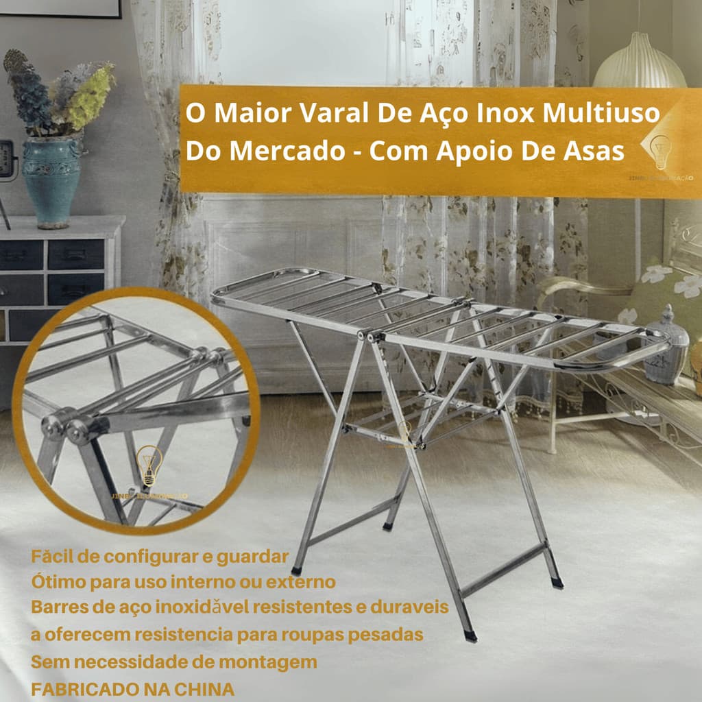 Varal de Inox Dobrável de Chão Suporta Várias Roupas Não Enferruja Resistente e Leve
