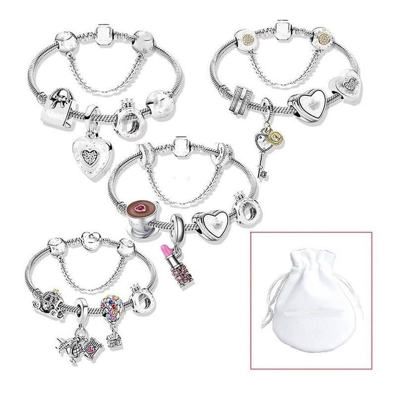 LI Berloque 5 Peças Pulseira com Pingente de Coração de Amor com Bolsa de Joias em Prata 925