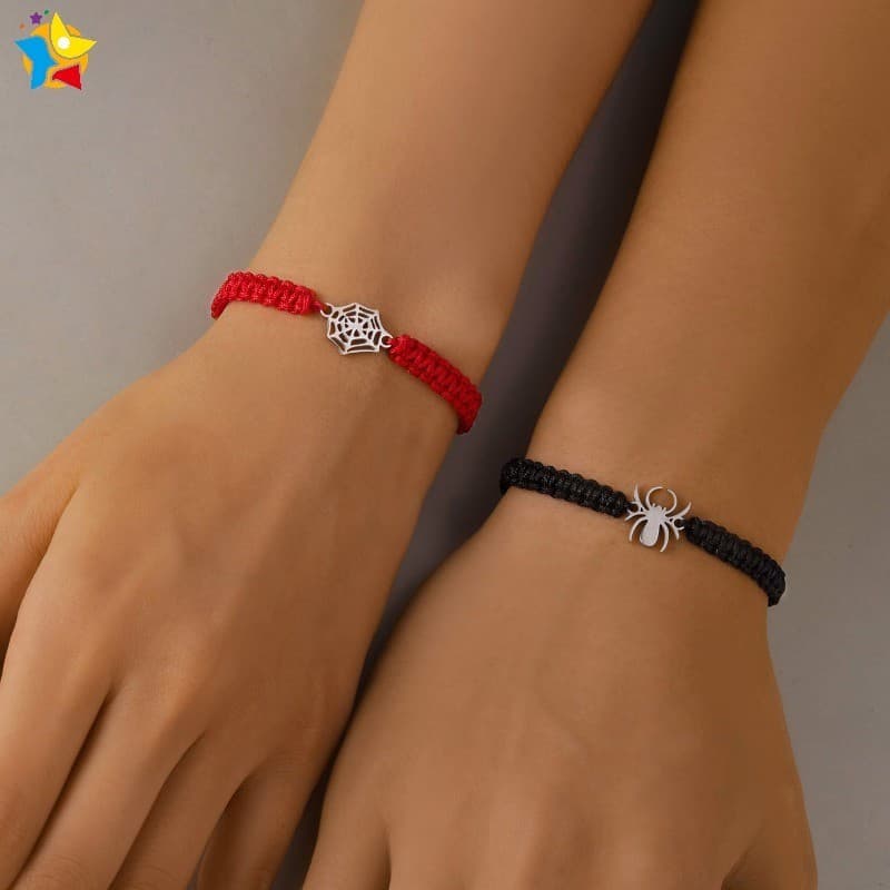 2Pcs/Set Bracelete De Casal De Aranha Trançado À Mão Feminino Pulseiras De Moda Masculina Ajustáveis Jóias De Amizade De Halloween