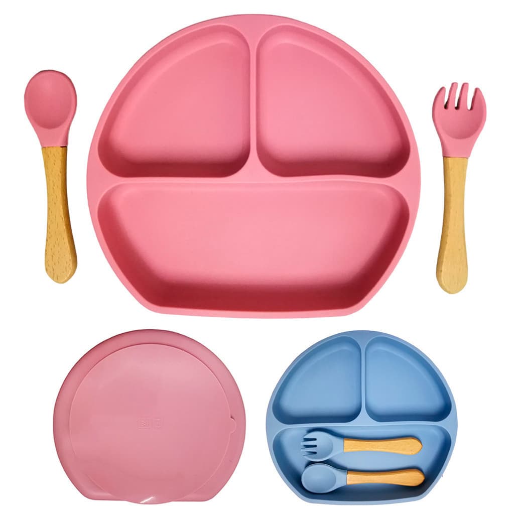 Kit Prato e Talheres Infantil DANTAS Silicone 3 Peças Prato Bebê Colher Garfo Antiderrapante Alimentação Papinha