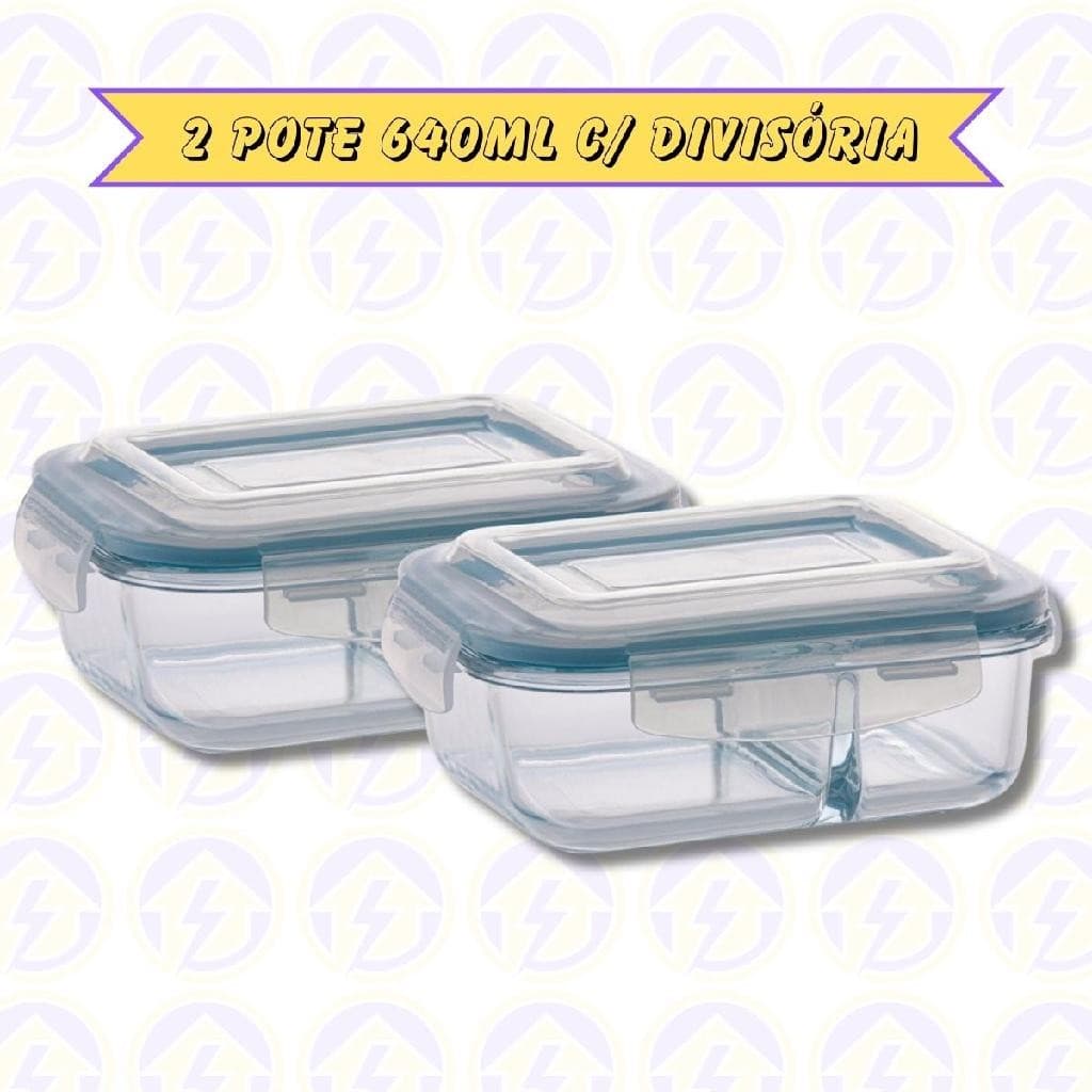 2 Marmita de Vidro 640ML c/ Divisória e Tampa Hermética