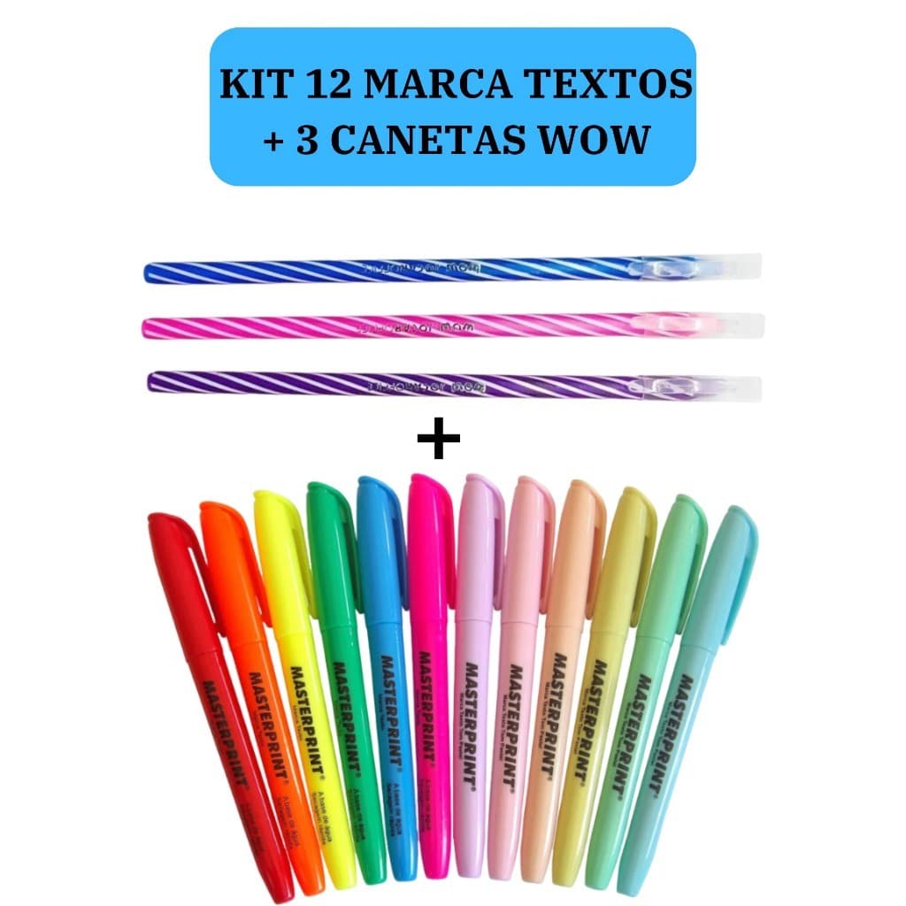 Kit 12 Marca Texto (6 Neon + 6 pastel) Masterprint + 3 Canetas Esferográficas Wow 0.7mm Coloridas
