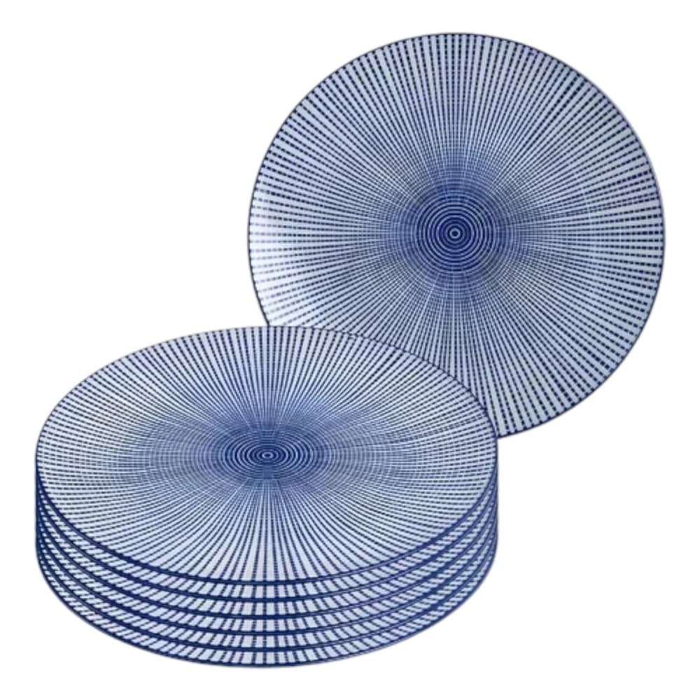 Kit 6 Pratos Raso De Cerâmica Stripe Luxo Azul 27cm