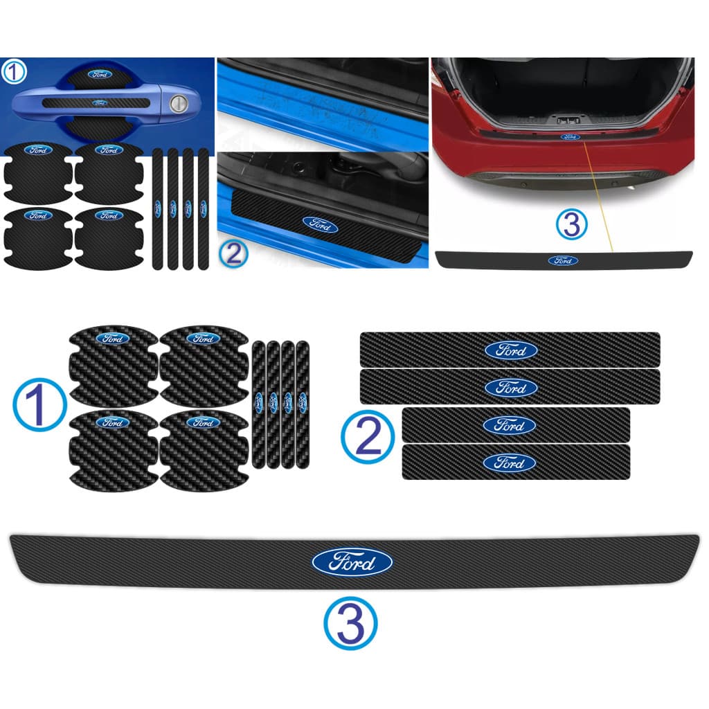 Ford Acessório de Proteção do Carro Soleira Automotiva + Protetor de maçaneta + Soleira do Porta Malas Fibra de Carbono com Emblema da Ford