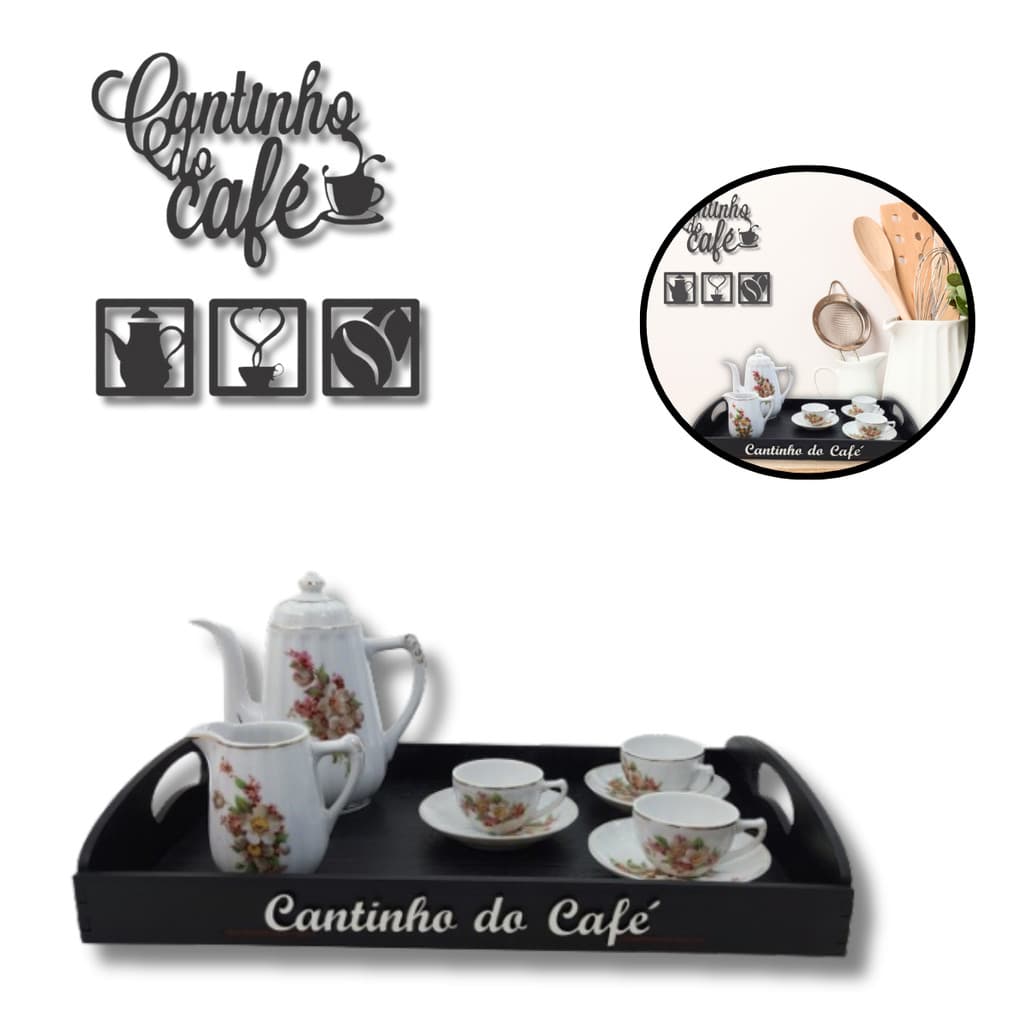 Kit Cantinho do Café Bandeja + Quadro Vazado Mdf Decorativo