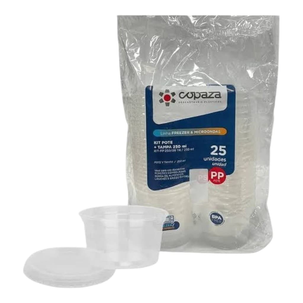 Kit 600 Potes 250ml Redondo + Tampa De Plástico Descartável COPAZA Aceita ir Micro-ondas/ Freezer