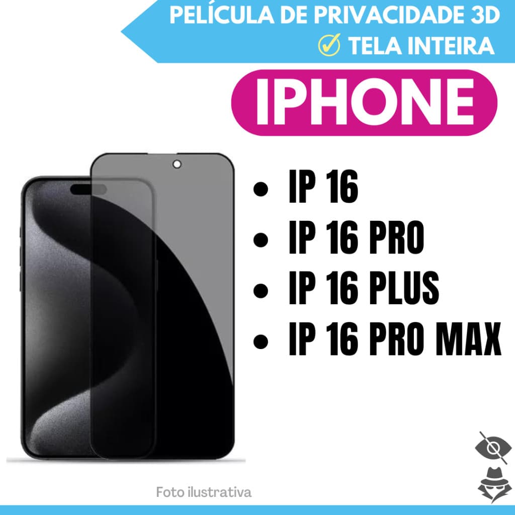 Película de Vidro 3D de Privacidade Para Apple Iphone 16 / 16 Pro / 16 Plus / 16 Pro Max / Película 3D Protetor de Tela.