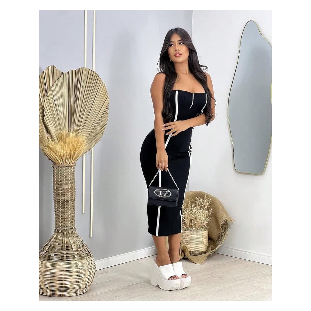 Vestido midi tomara que caia ziper frontal detalhe listrado branco moderno elegante look festa verão lançamento anaruga