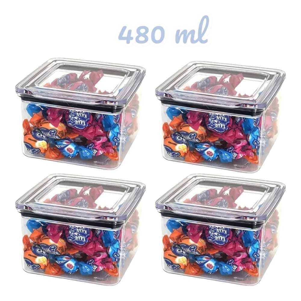 Kit 4 Potes 480 ml Herméticos Acrílico Empilháveis Quadrado Cozinha Organizador Mantimentos vedação