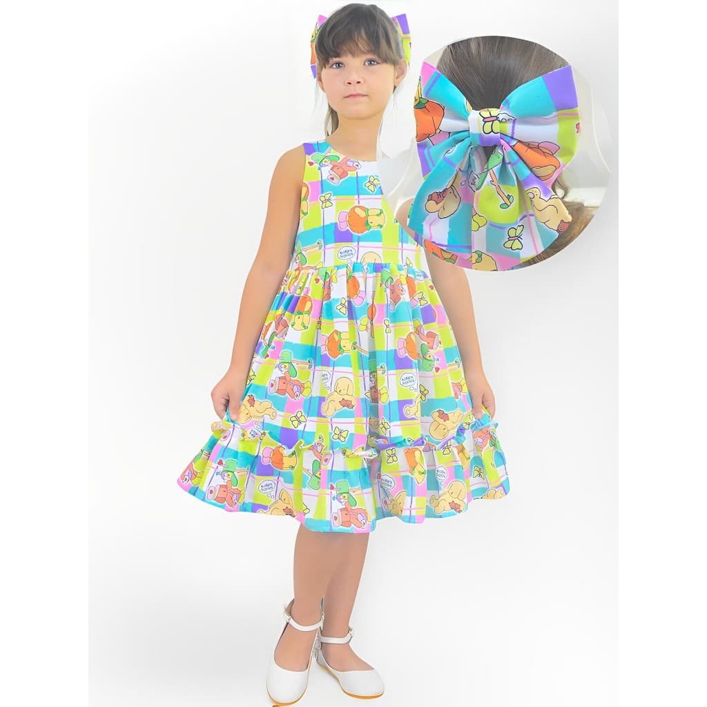 Vestido Infantil Inspirado nos Livros Colorir  + Laço de Cabelo - Várias Cores