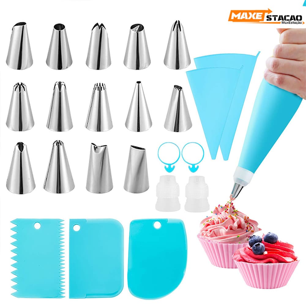 Kit Saco de Confeiteiro 24 Peças Profissional - Conjunto Completo com Sacos Reutilizáveis e Bicos para Iniciantes