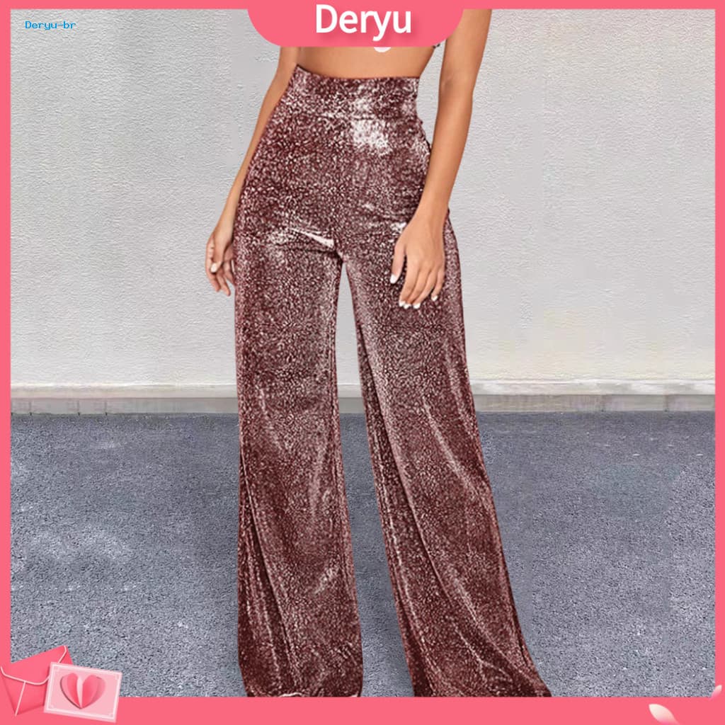 Glossy Fabric Wide-leg Pants Women Trousers Sparkle in Style Women's Wide Leg Glitter with Hot Stamping Design for Clubs