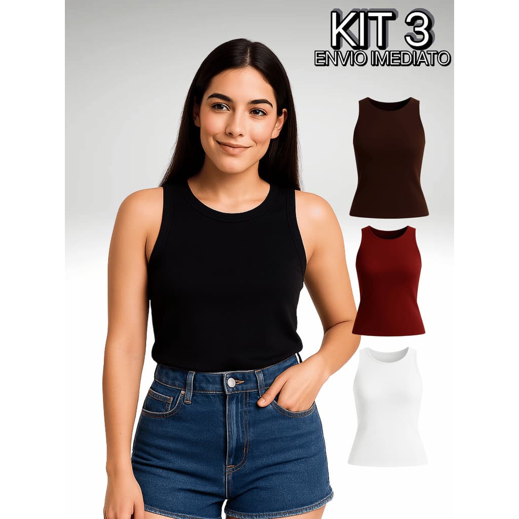 Kit com 3 Blusas Feminina Regatas Básica Suplex Premium