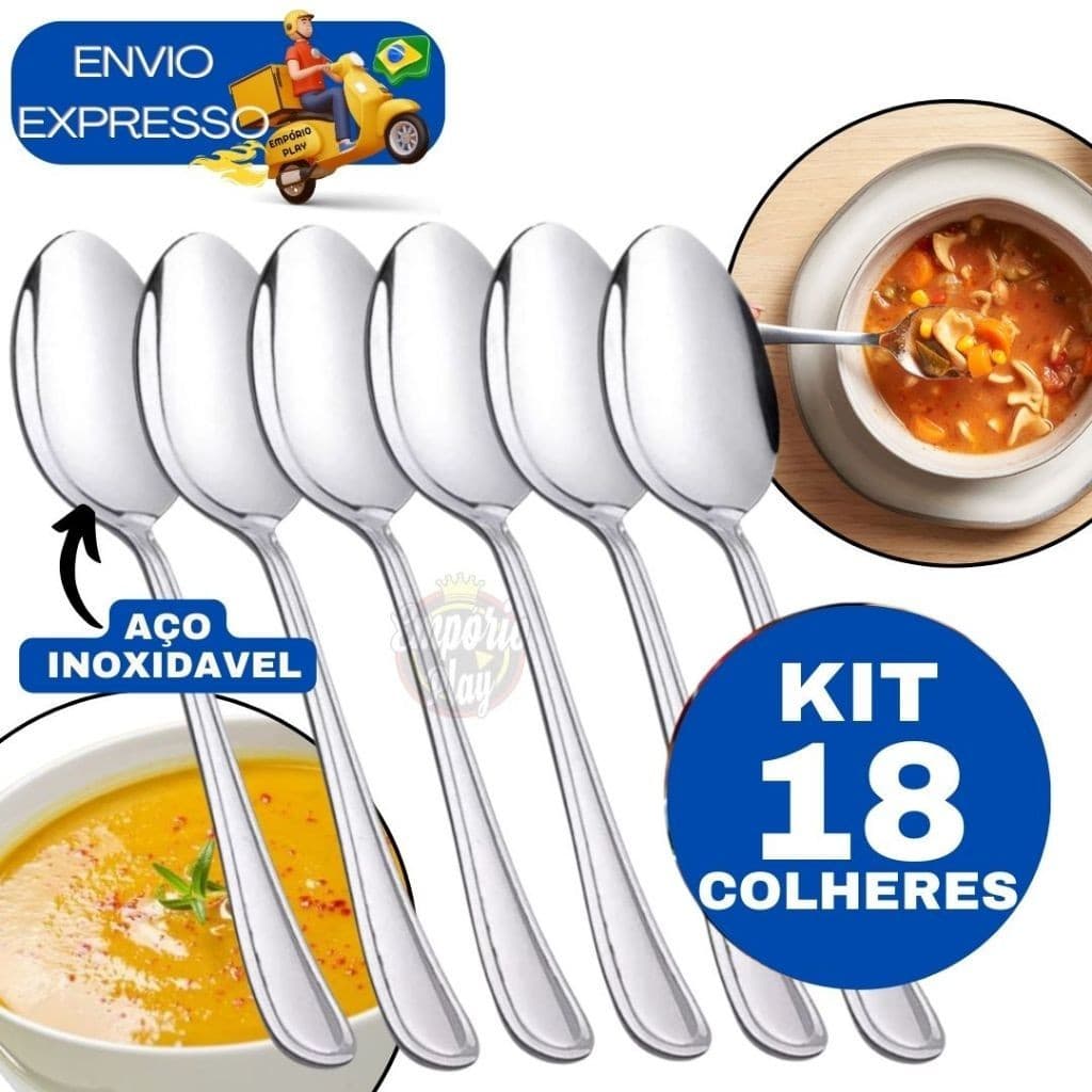 Kit 18 Colher de Sopa Talher de Mesa Cozinha em Inox para Casa Restaurante Lanchonete Padaria Churrascaria