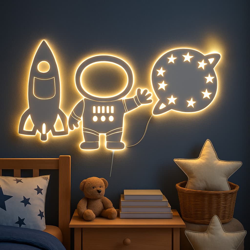 Kit 3 Luminárias LED Infantil Astronauta Foguete Planeta Espacial Quarto Menino Decoração MDF Quadro Parede Decorativo