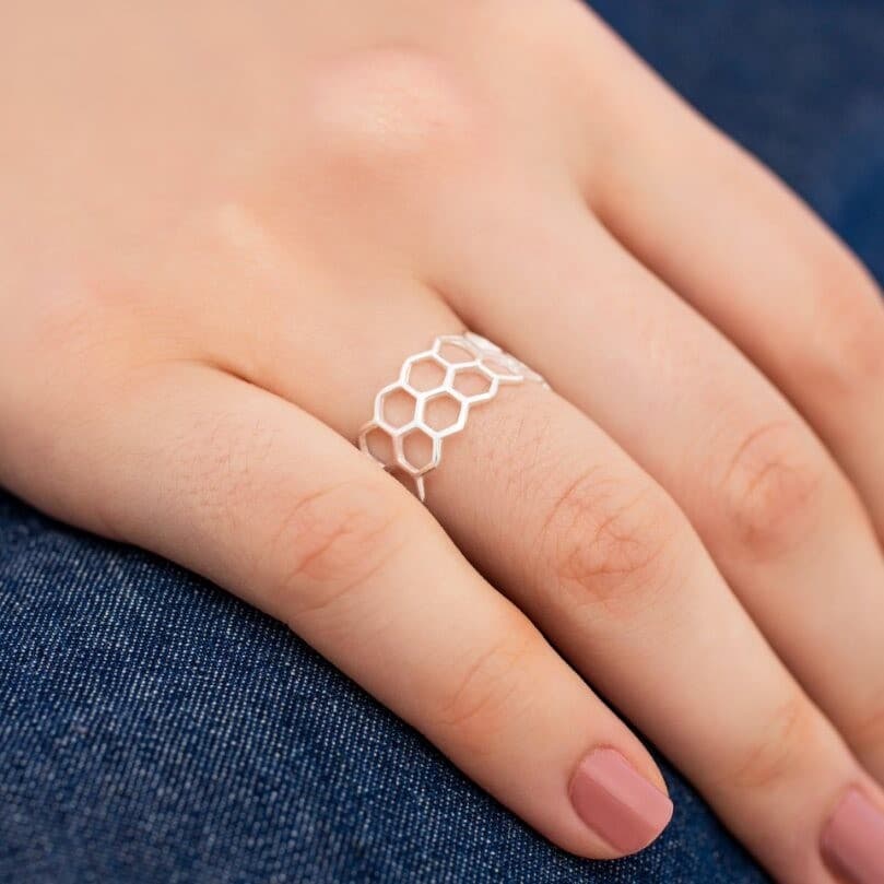 Anel Feminino Vazado Colmeia Prata 925 Delicado Minimalista Moderno
