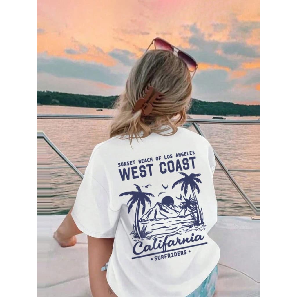 Camiseta Casual Blusa Feminina Meninas Algodão California West Coast Moda Verão