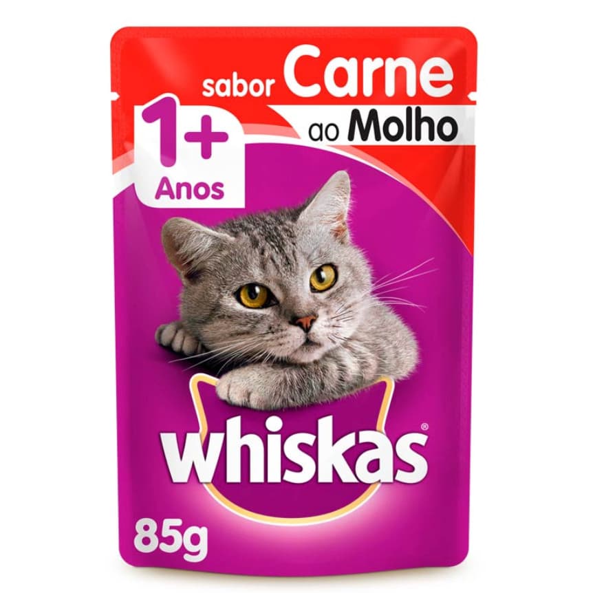 Ração Úmida Whiskas Sachê Gatos Adultos Carne - 85g KIT 10U.