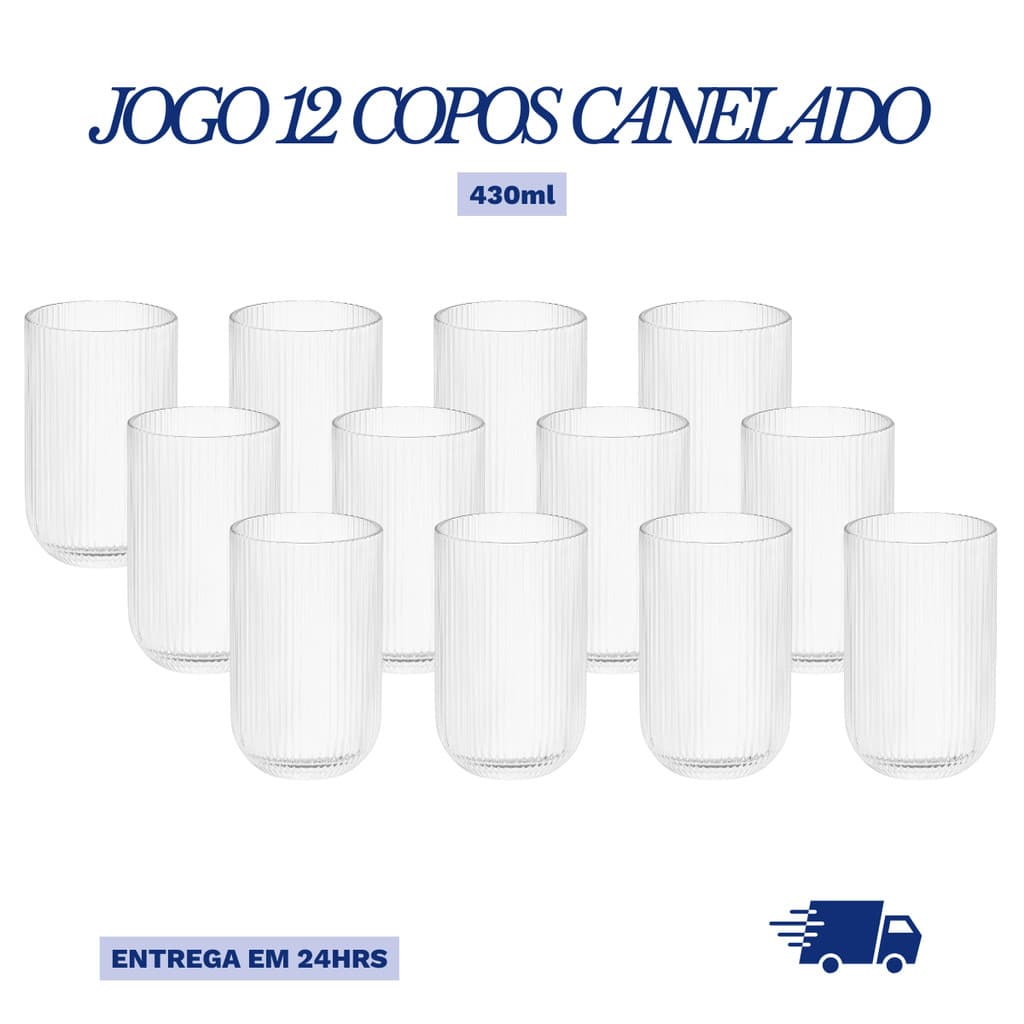 Jogo de Copos de Vidro Canelado 12 Unidades Conjunto de Copos Grosso 430ml Copos de Vidro Chique