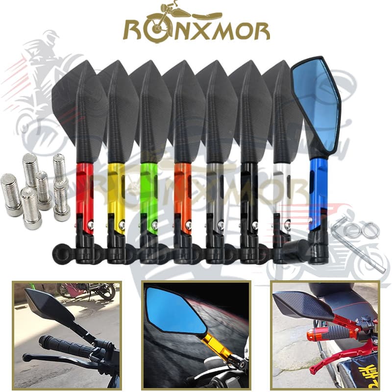 RONXMOR 2 Pcs Universal CNC Alumínio Motocicleta Guiador Espelhos Retrovisores Azul Espelho Anti-Reflexo Para 8mm 10mm E