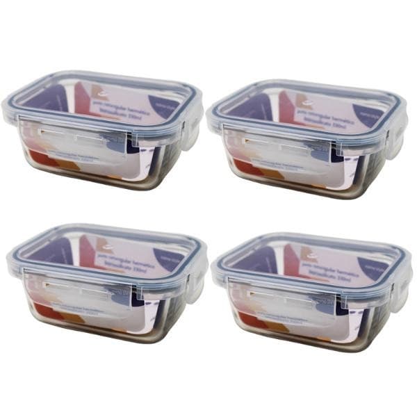 Kit 4 Potes De Vidro Refratário 330ml Hermético Com Tampa