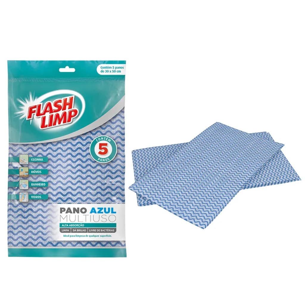 Kit Pano Multiuso com 5 Peças Azul - Flash Limp para Limpeza Eficaz e Sem Fiapos