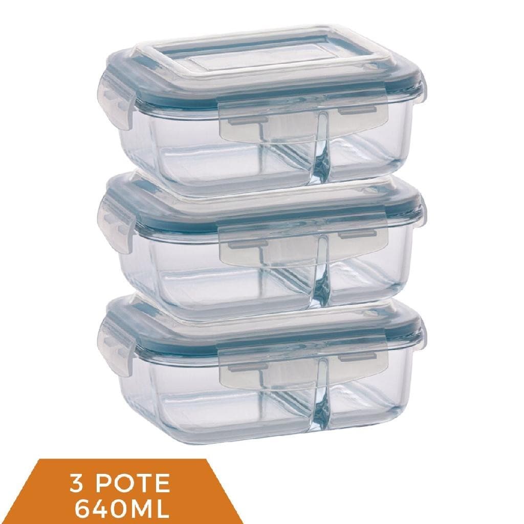 kit 3 Pote Vidro Hermético C/ Divisoria 640ml Marmita oferta