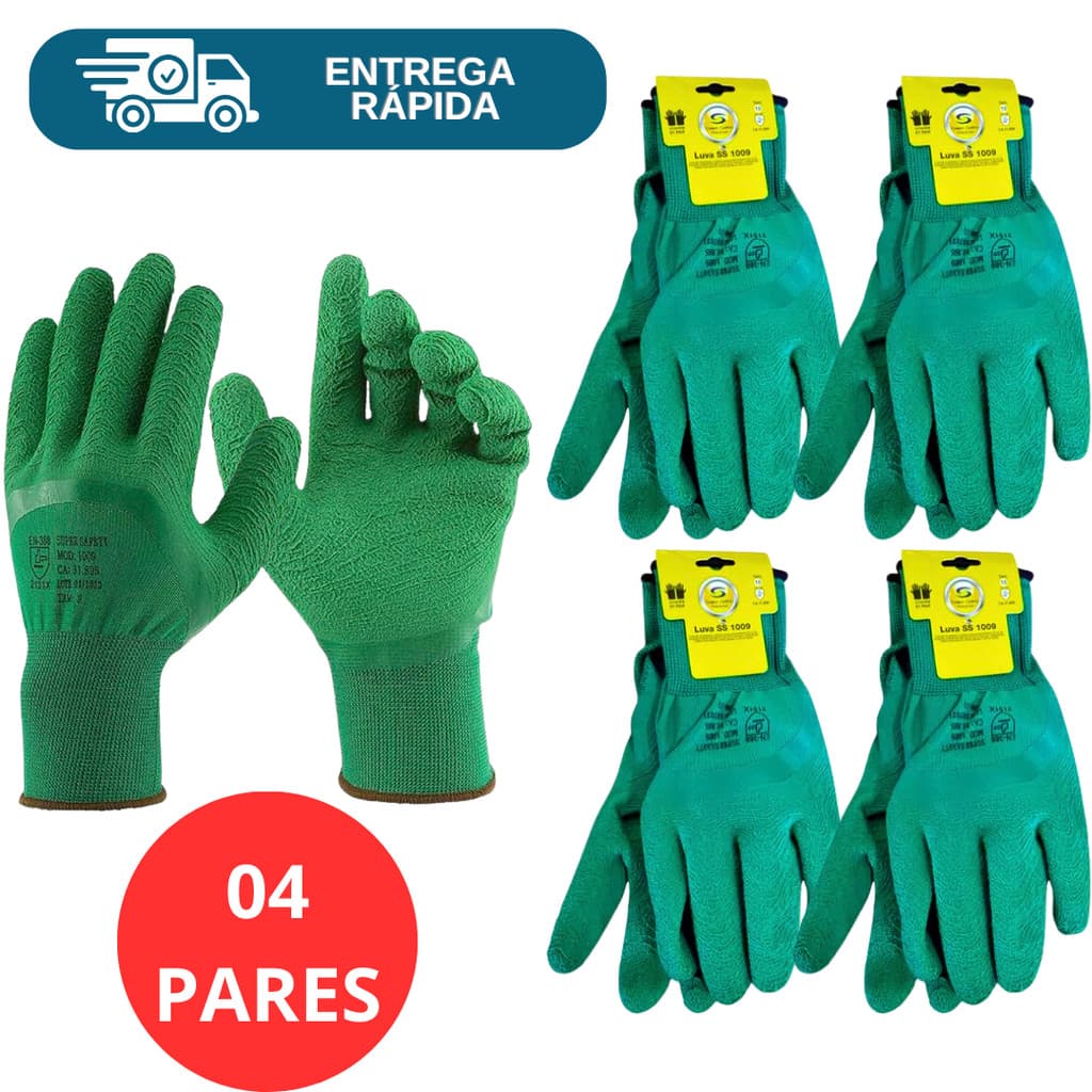 Kit 4 Prs Luva Revestida Látex Corrugado Verde SS 1009  Banhada Coleta Jardinagem Reciclagem Epi