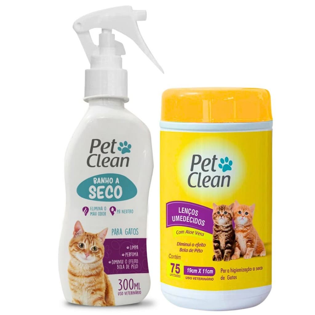 Kit Banho a Seco para Gatos + Lenço Umedecido Pet Clean