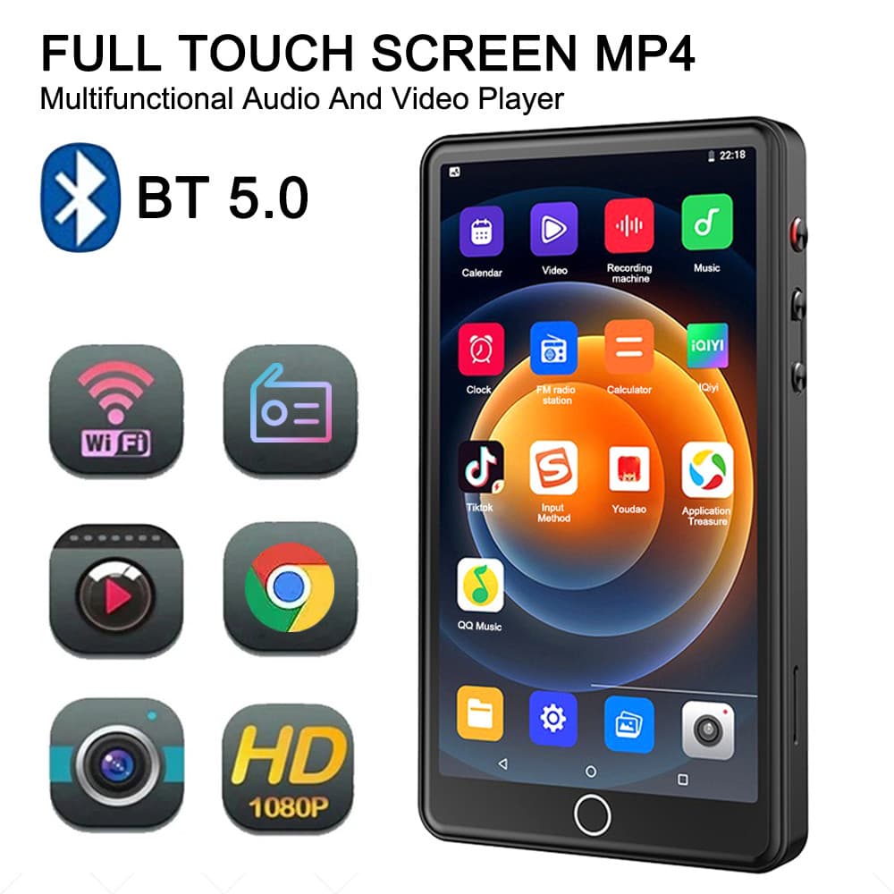 Leitor De MP4 Wi-Fi Portátil Com Câmera 16G De Memória Bluetooth 5.0 Tela De Toque Completa Rádio FM/Browser/Fotografador/Player De Música
