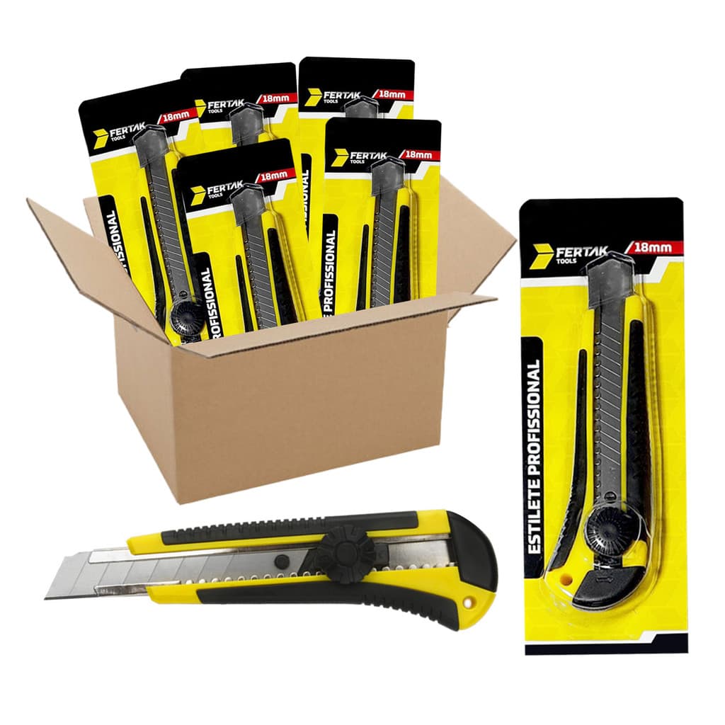 Kit 12 Estilete 18mm Preto Amarelo Profissional Lâmina Trava Corta Papel Plástico Uso Geral Alta Precisão Fertak