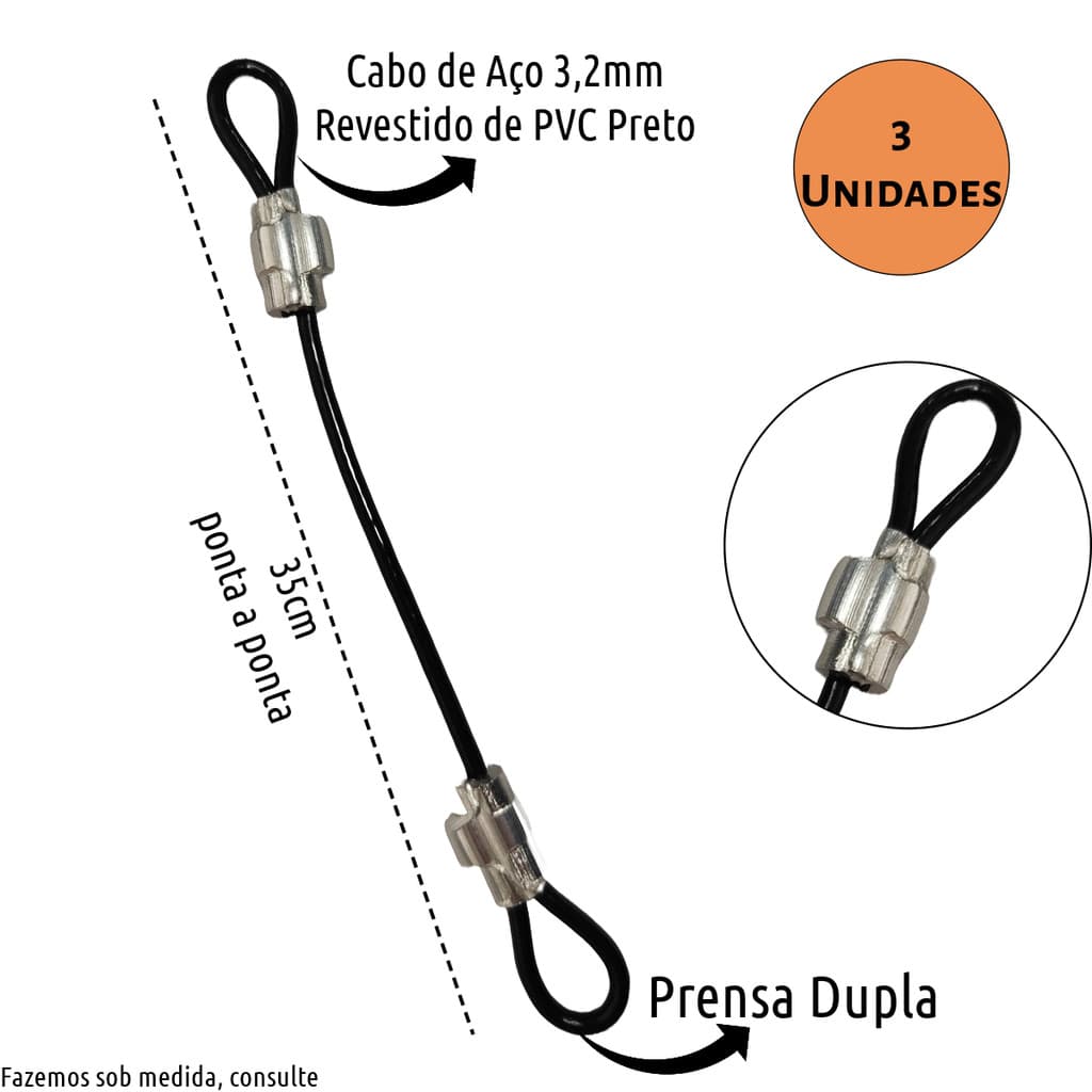 3 Unidades de  Lacre de Aço Revestido Preto 35cm Segurança Trava Ziper Malas Bagagens Capacete Bike