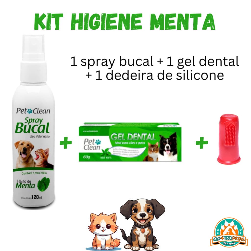 Kit Spray bucal + Gel Dental + Dedeira de silicone Pet Clean