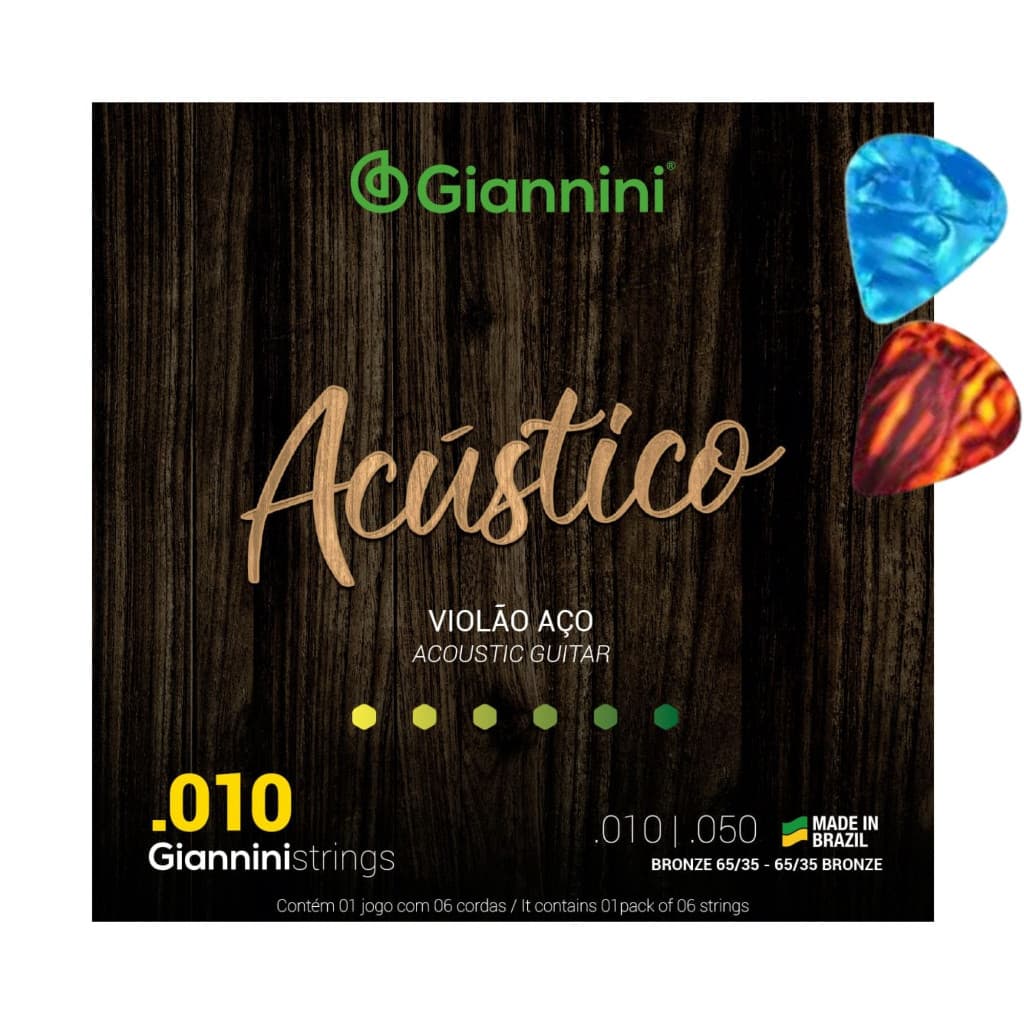Encordoamento Violão Aço Cordas Giannini .010 Acústico GESWAM + 2 Palhetas