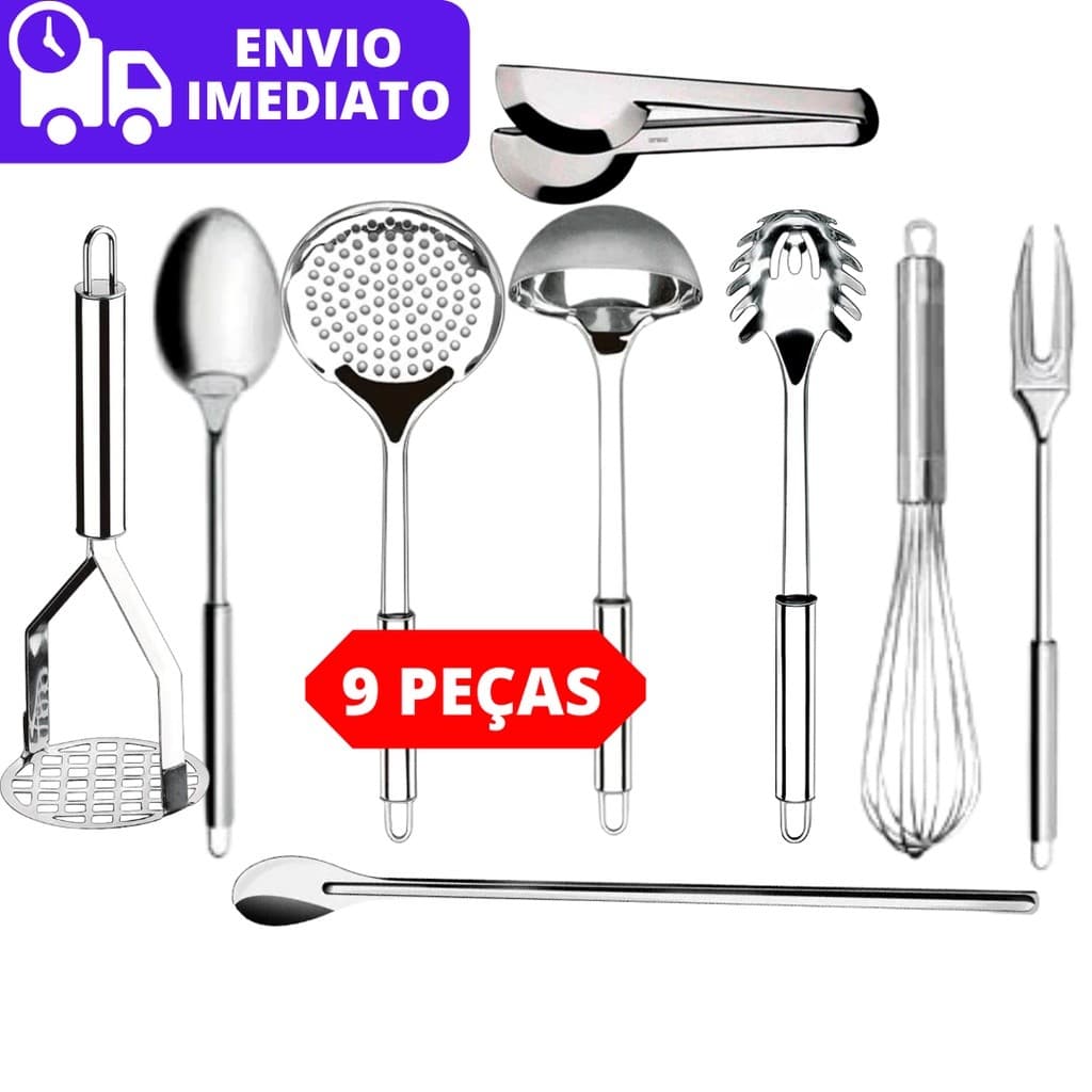 Kit Utensílios de Cozinha 9 Peças 100% Aço Inox Concha Escumadeira Pegador Colher Garfo Fuet Pegador Colher e Amassador