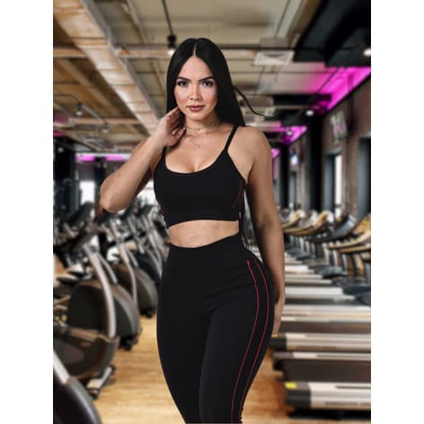 Conjunto Fitness Feminino Poliamida Preto/ Top com Bojo + Legging de Cintura Alta/ Faixa Colorida/ Treino Academia Yoga.