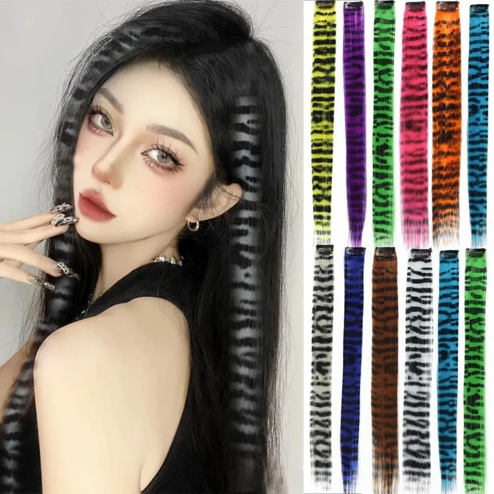 Grampo Impresso Listrado Em Extensões De Cabelo Sintético Colorido Destaques De 18 Polegadas Peruca Reta Postiços Para U