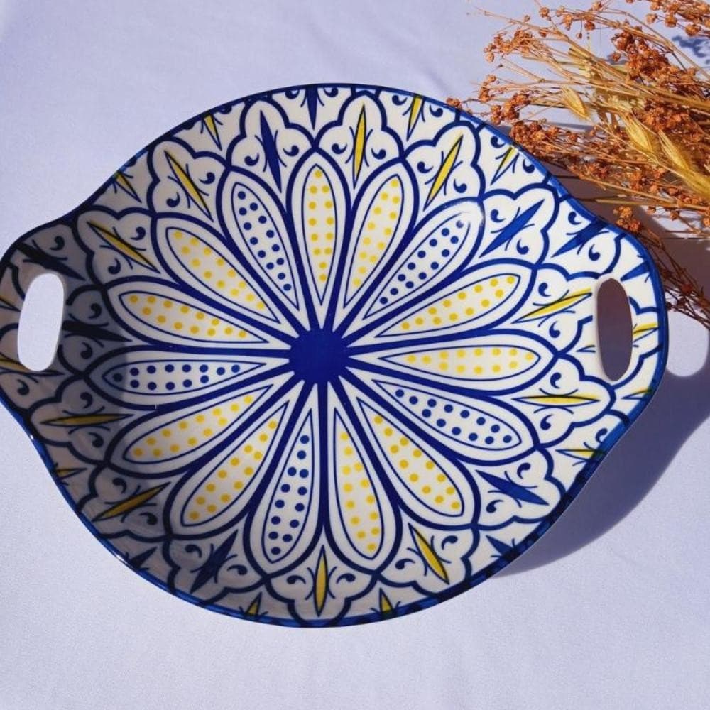 Travessa Redonda de Porcelana com Alça Estampa Colorida