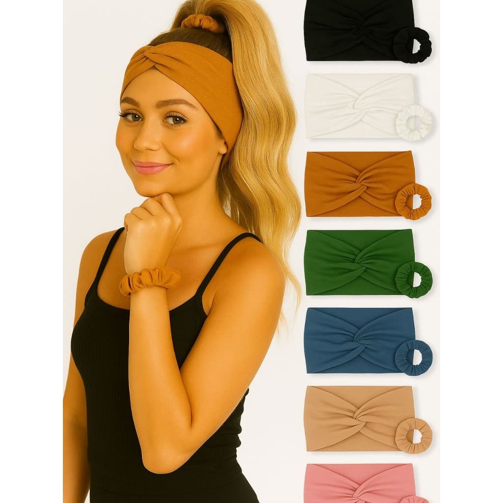 Kit Turbante Faixa de Cabelo  + Xuxinha Tiara de Cabelo  de Nó Moda Yoga