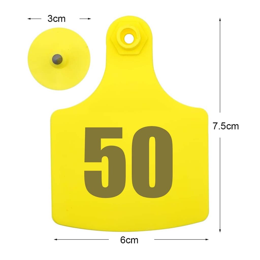 50 peças de brincos de identificação de cabra, número opcional 001-200 para vaca, etiqueta macia com letras, amarelo