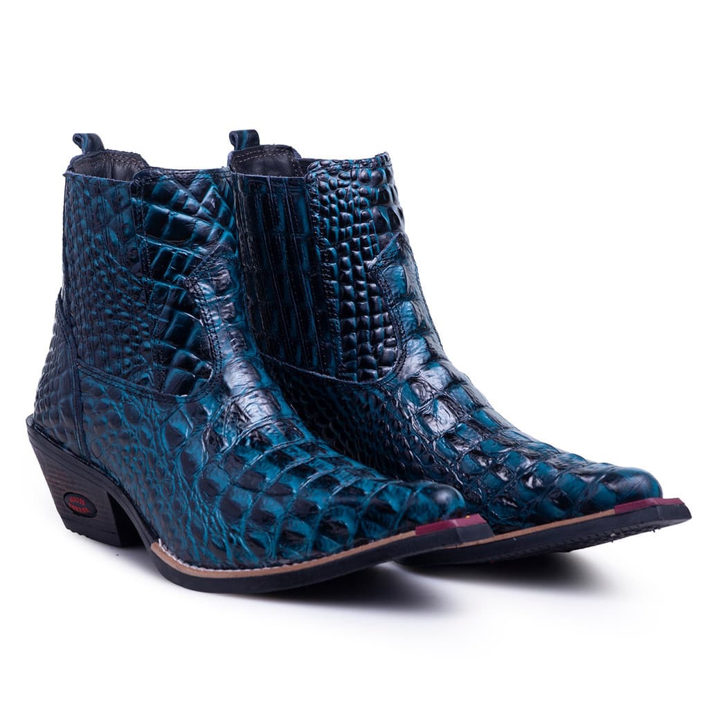 Botina Bota Azul Jacaré Cano Couro Reforçado Crocodilo Elástico Lateral Conforto Qualidade