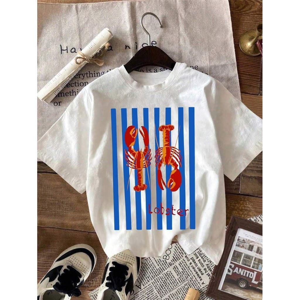 Tshirt Feminina Estilosa Estampada Lagosta Listra Azul Lançamento Camiseta 100% Algodão Camisa Oversized Plus Size