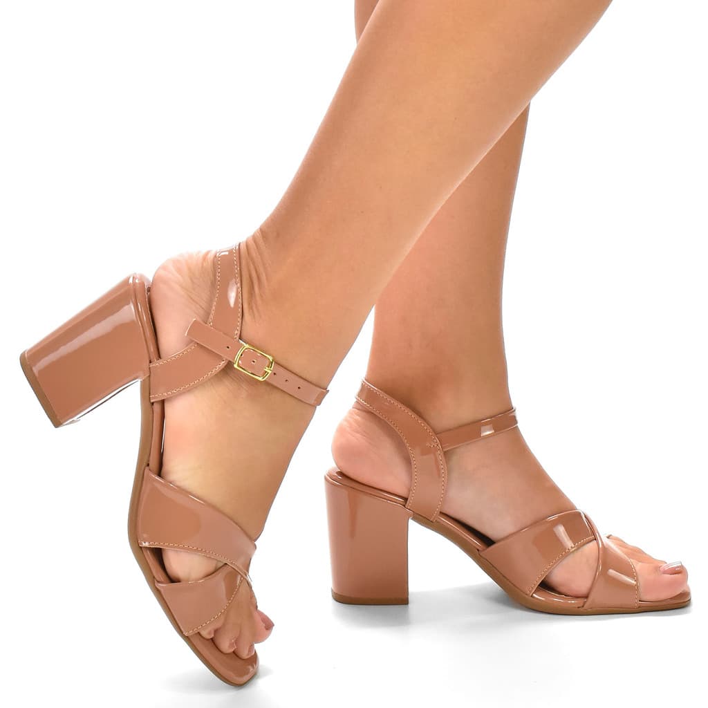 Sandália Feminina Verniz Nobuck Tiras Salto Bloco Confortável Estilo Moda Confortável